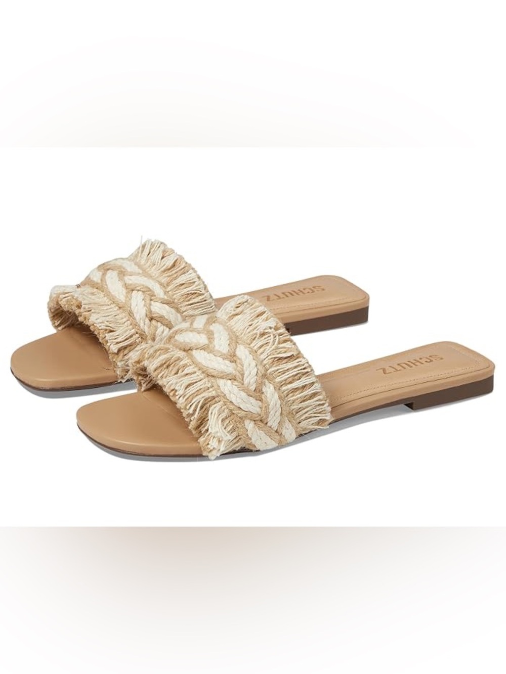 Schutz Adelia raffia braided strap Fringe Slide Sandals in Neutral Tan 8.5